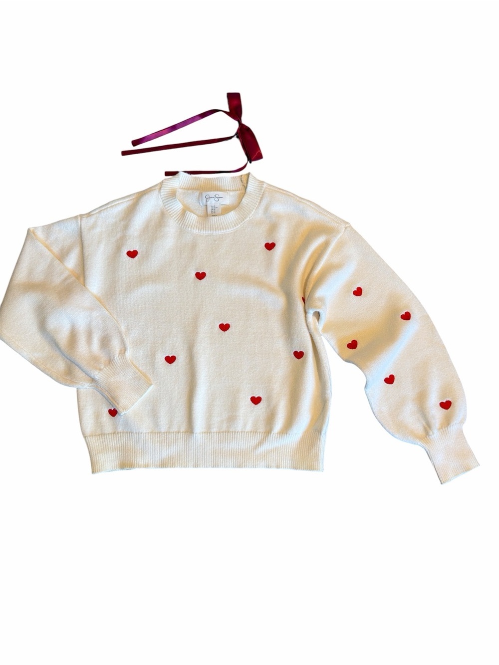 Jessica Simpson Cream Crewneck Sweater with Red Heart Motifs